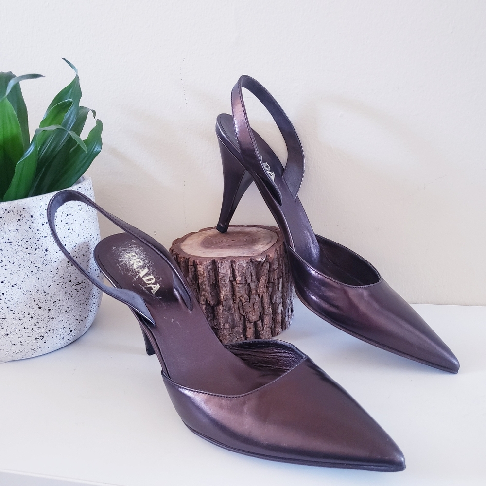 Vintage PRADA Metallic Brown Leather Kitten Heel Sling Back Pointed Toe Shoes 38